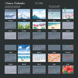 A beautifully designed calendar with a serene nature theme, featuring picturesque landscapes for each month