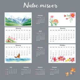 A beautifully designed calendar with a serene nature theme, featuring picturesque landscapes for each month