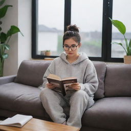 An Asian girl with dark brown hair in a messy bun and glasses, sitting on a one-seater couch reading a book