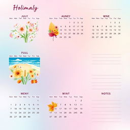 A beautifully designed, monthly calendar layout featuring vibrant colors, artistic illustrations for each month, and space for notes