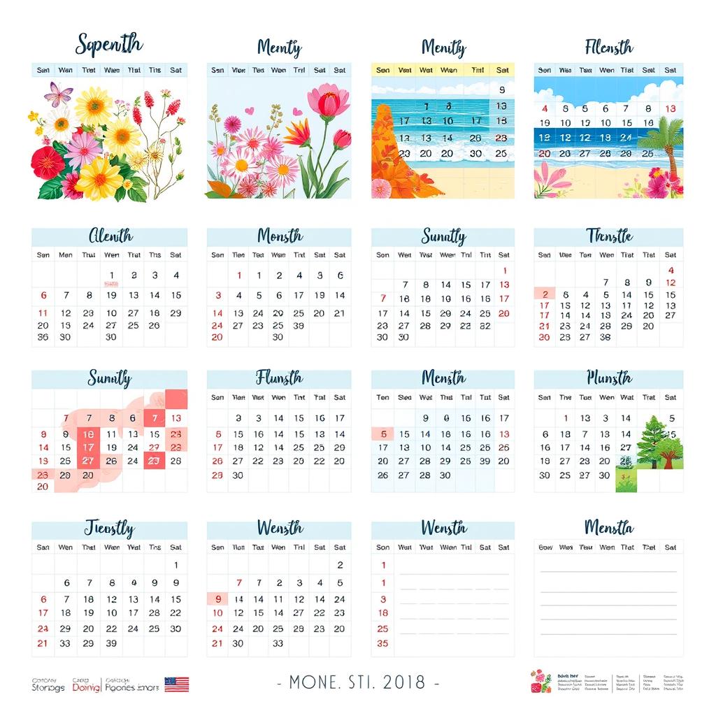 A beautifully designed, monthly calendar layout featuring vibrant colors, artistic illustrations for each month, and space for notes