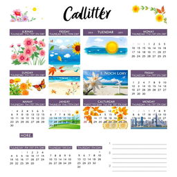 A beautifully designed, monthly calendar layout featuring vibrant colors, artistic illustrations for each month, and space for notes