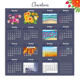 A beautifully designed, monthly calendar layout featuring vibrant colors, artistic illustrations for each month, and space for notes