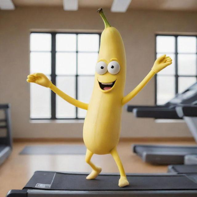 A comedic image of a banana character, complete with arms and legs, energetically running on a treadmill in a gym.