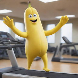 A comedic image of a banana character, complete with arms and legs, energetically running on a treadmill in a gym.