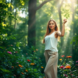 A serene and peaceful nature scene featuring a beautiful, confident adult woman standing gracefully in a lush green forest surrounded by vibrant flowers and soft sunlight filtering through the trees