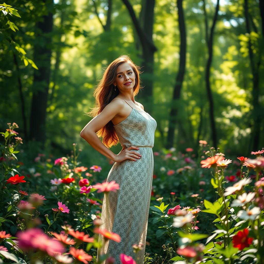 A serene and peaceful nature scene featuring a beautiful, confident adult woman standing gracefully in a lush green forest surrounded by vibrant flowers and soft sunlight filtering through the trees