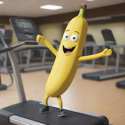 A comedic image of a banana character, complete with arms and legs, energetically running on a treadmill in a gym.