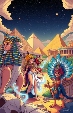 A webtoon-style illustration depicting ancient civilizations with powerful beings, featuring majestic ruins from Egyptian, Greek, and Mesoamerican cultures