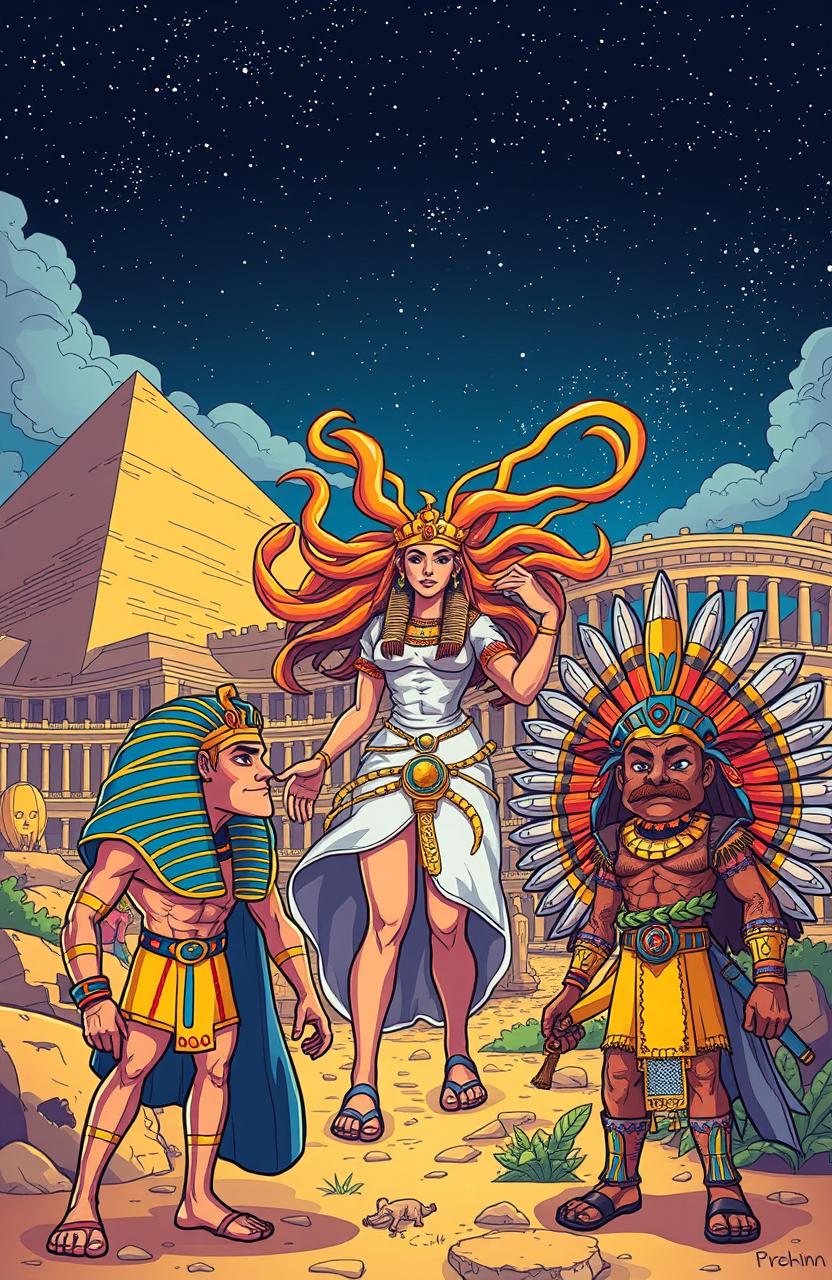 A webtoon-style illustration depicting ancient civilizations with powerful beings, featuring majestic ruins from Egyptian, Greek, and Mesoamerican cultures