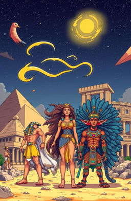 A webtoon-style illustration depicting ancient civilizations with powerful beings, featuring majestic ruins from Egyptian, Greek, and Mesoamerican cultures