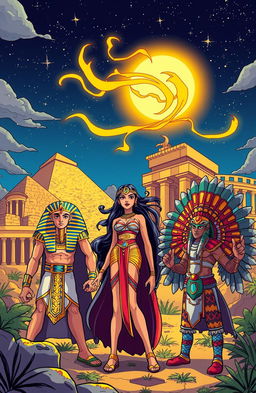 A webtoon-style illustration depicting ancient civilizations with powerful beings, featuring majestic ruins from Egyptian, Greek, and Mesoamerican cultures