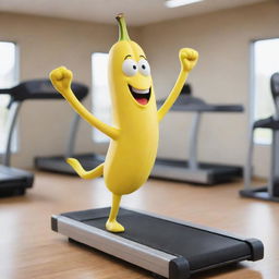 A comedic image of a banana character, complete with arms and legs, energetically running on a treadmill in a gym.