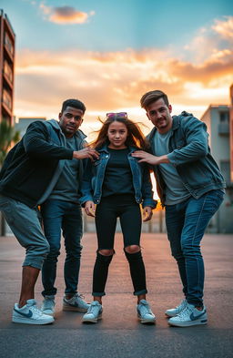 A heroic scene depicting five boys standing in a protective stance around a girl, conveying a sense of camaraderie and bravery
