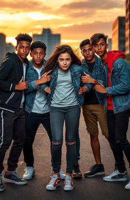 A heroic scene depicting five boys standing in a protective stance around a girl, conveying a sense of camaraderie and bravery