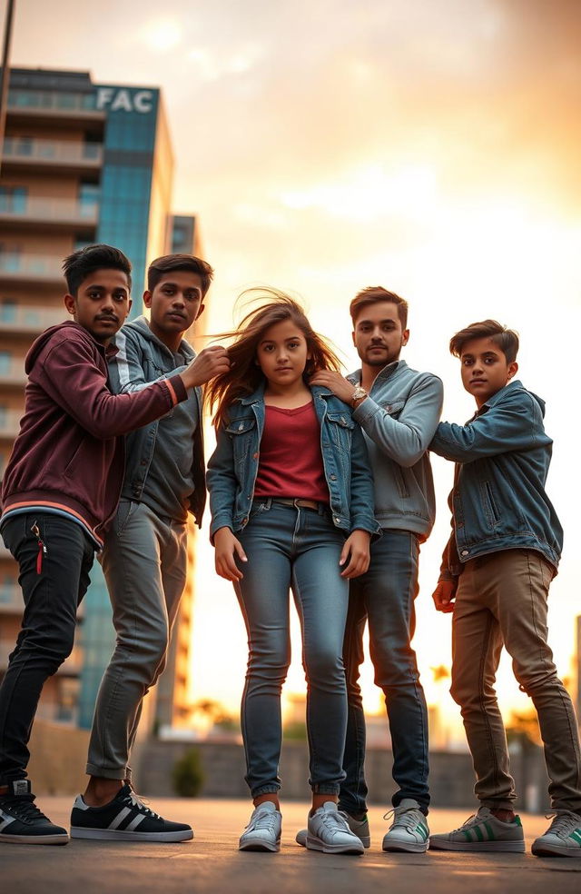 A heroic scene depicting five boys standing in a protective stance around a girl, conveying a sense of camaraderie and bravery