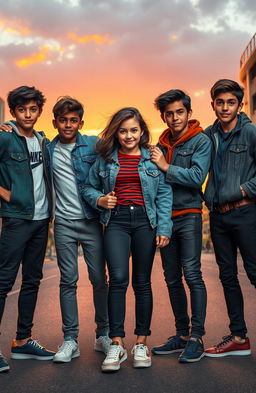 A heroic scene depicting five boys standing in a protective stance around a girl, conveying a sense of camaraderie and bravery