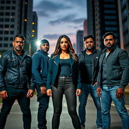 A powerful scene depicting five men standing protectively around a woman, showcasing unity and strength