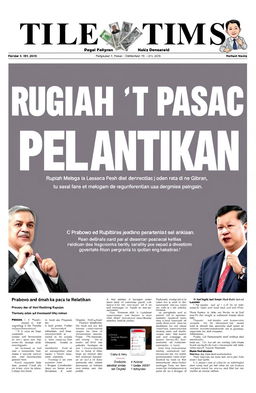 A newspaper front page design featuring a bold headline in large fonts reading "Rupiah Menguat Pasca Pelantikan"