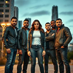 A powerful scene depicting five men standing protectively around a woman, showcasing unity and strength