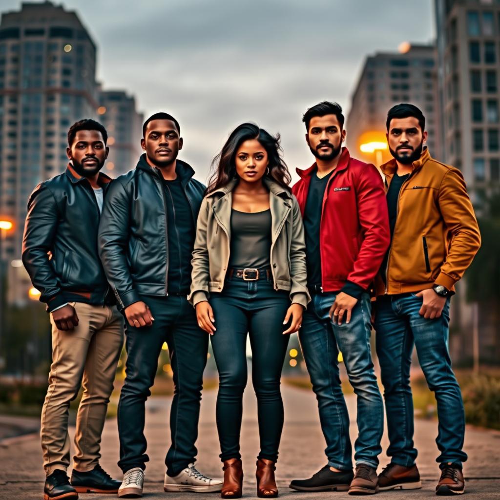 A powerful scene depicting five men standing protectively around a woman, showcasing unity and strength