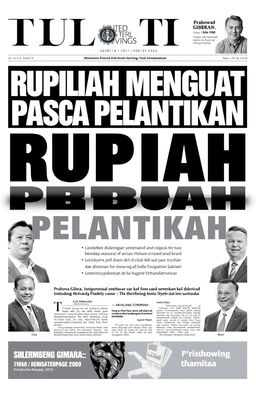 A newspaper front page design featuring a bold headline in large fonts reading "Rupiah Menguat Pasca Pelantikan"
