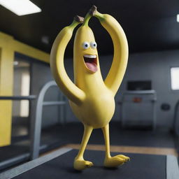 A surreal image of a real banana with animated limbs, running on a treadmill inside a highly-detailed gym.