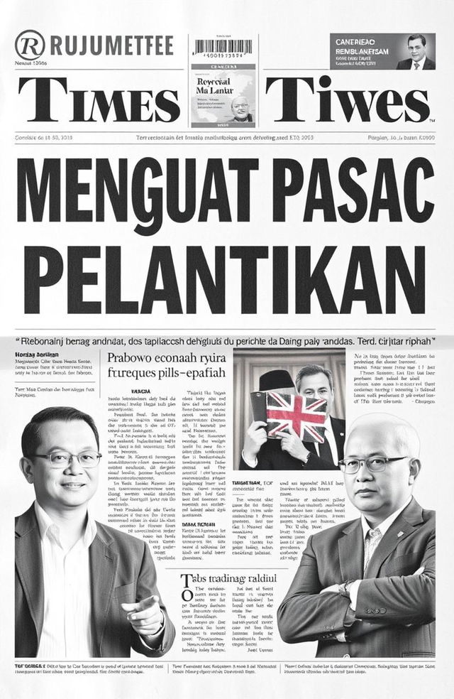 A newspaper front page design featuring a bold headline in large fonts reading "Rupiah Menguat Pasca Pelantikan"