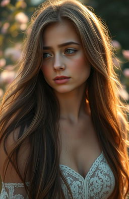 A beautiful young woman with flowing long hair, softly illuminated by warm natural light, is captured in a moment of deep emotion