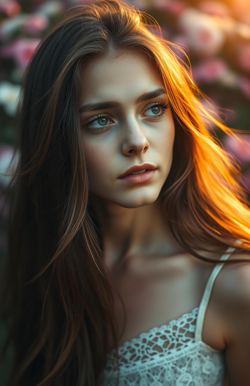 A beautiful young woman with flowing long hair, softly illuminated by warm natural light, is captured in a moment of deep emotion