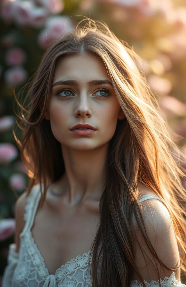 A beautiful young woman with flowing long hair, softly illuminated by warm natural light, is captured in a moment of deep emotion