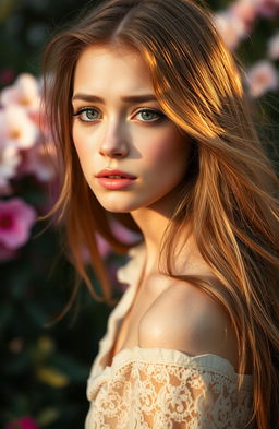 A beautiful young woman with flowing long hair, softly illuminated by warm natural light, is captured in a moment of deep emotion