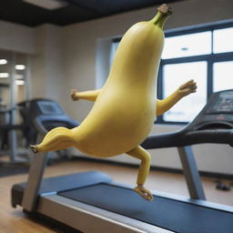 A surreal image of a real banana with animated limbs, running on a treadmill inside a highly-detailed gym.