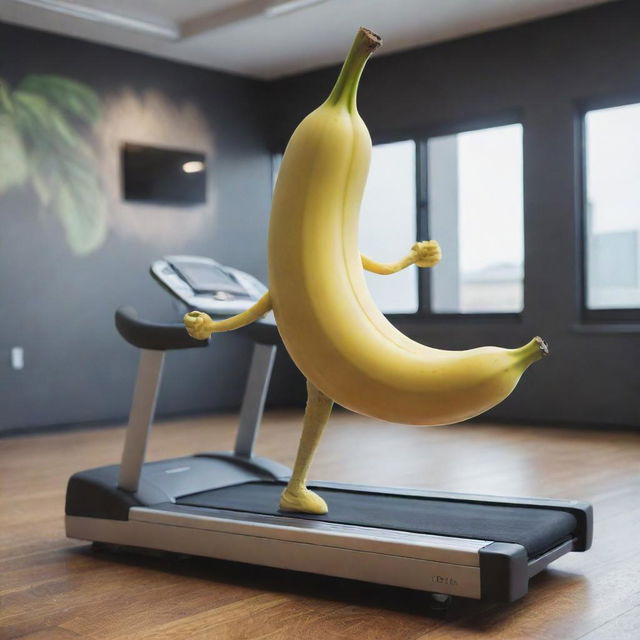 A surreal image of a real banana with animated limbs, running on a treadmill inside a highly-detailed gym.