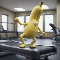 A surreal image of a real banana with animated limbs, running on a treadmill inside a highly-detailed gym.