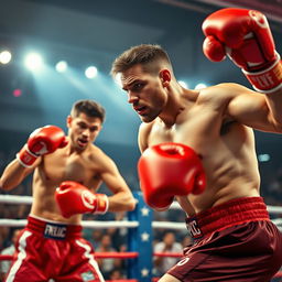 A dynamic action-packed scene featuring two boxing fighters in an intense match inside a ring