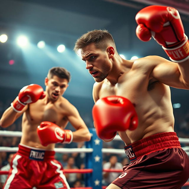 A dynamic action-packed scene featuring two boxing fighters in an intense match inside a ring