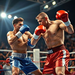 A dynamic action-packed scene featuring two boxing fighters in an intense match inside a ring