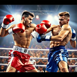 A dynamic action-packed scene featuring two boxing fighters in an intense match inside a ring