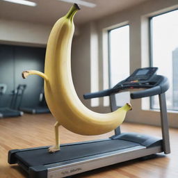 A surreal image of a real banana with animated limbs, running on a treadmill inside a highly-detailed gym.