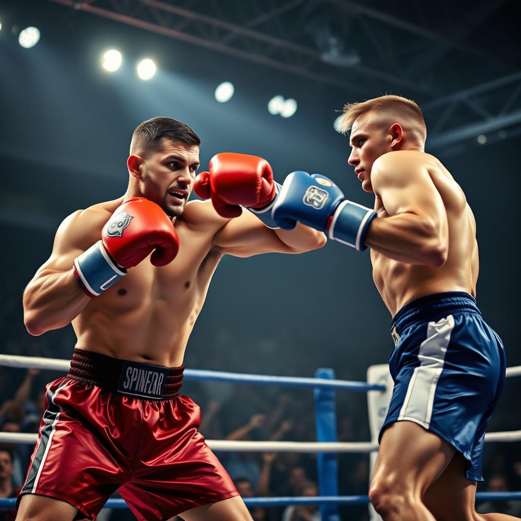 A dynamic action-packed scene featuring two boxing fighters in an intense match inside a ring