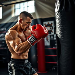 A powerful image of a boxer delivering a fierce punch to a heavy bag in a gym setting