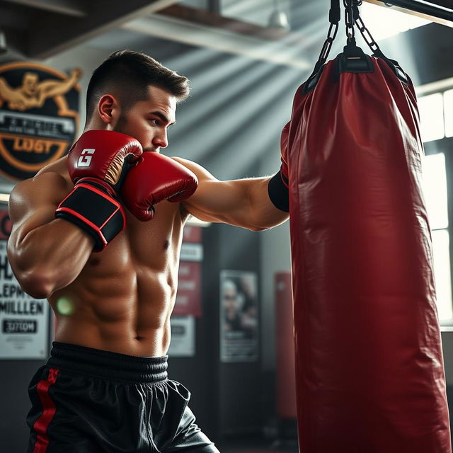 A powerful image of a boxer delivering a fierce punch to a heavy bag in a gym setting