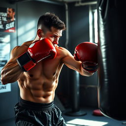 A powerful image of a boxer delivering a fierce punch to a heavy bag in a gym setting