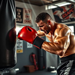 A powerful image of a boxer delivering a fierce punch to a heavy bag in a gym setting