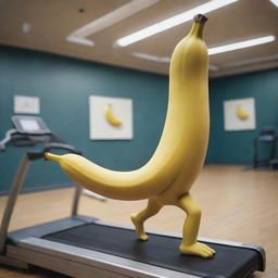 A surreal image of a real banana with animated limbs, running on a treadmill inside a highly-detailed gym.