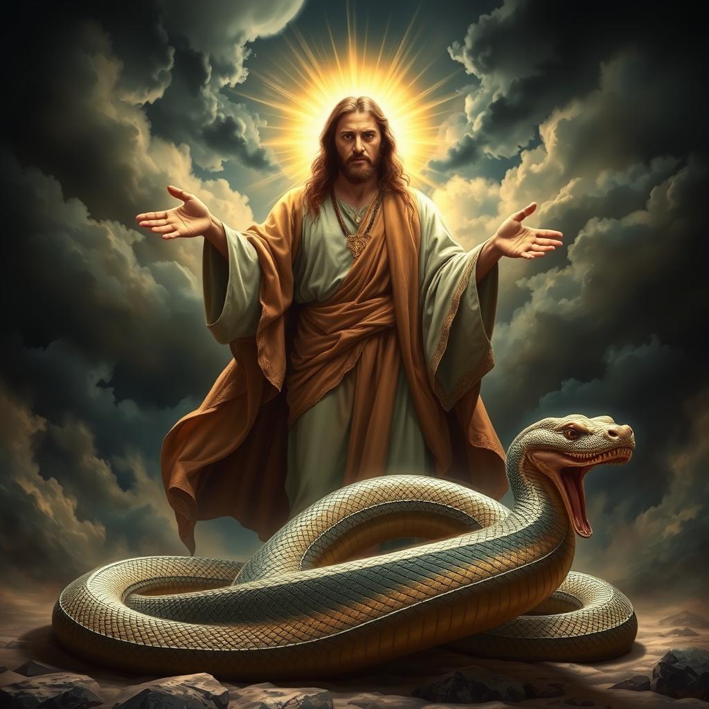 A powerful and majestic portrayal of Jesus, depicted as a glorious figure with a radiant aura, standing confidently before a massive, fearsome serpent that is coiled on the ground