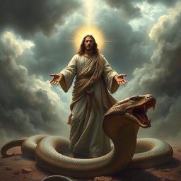 A powerful and majestic portrayal of Jesus, depicted as a glorious figure with a radiant aura, standing confidently before a massive, fearsome serpent that is coiled on the ground