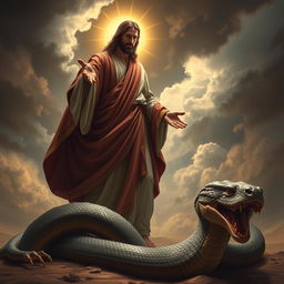 A powerful and majestic portrayal of Jesus, depicted as a glorious figure with a radiant aura, standing confidently before a massive, fearsome serpent that is coiled on the ground