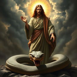 A powerful and majestic portrayal of Jesus, depicted as a glorious figure with a radiant aura, standing confidently before a massive, fearsome serpent that is coiled on the ground